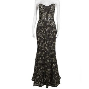 Marchesa Notte Black and Gold Floral Lace Dress Strapless Size US 8